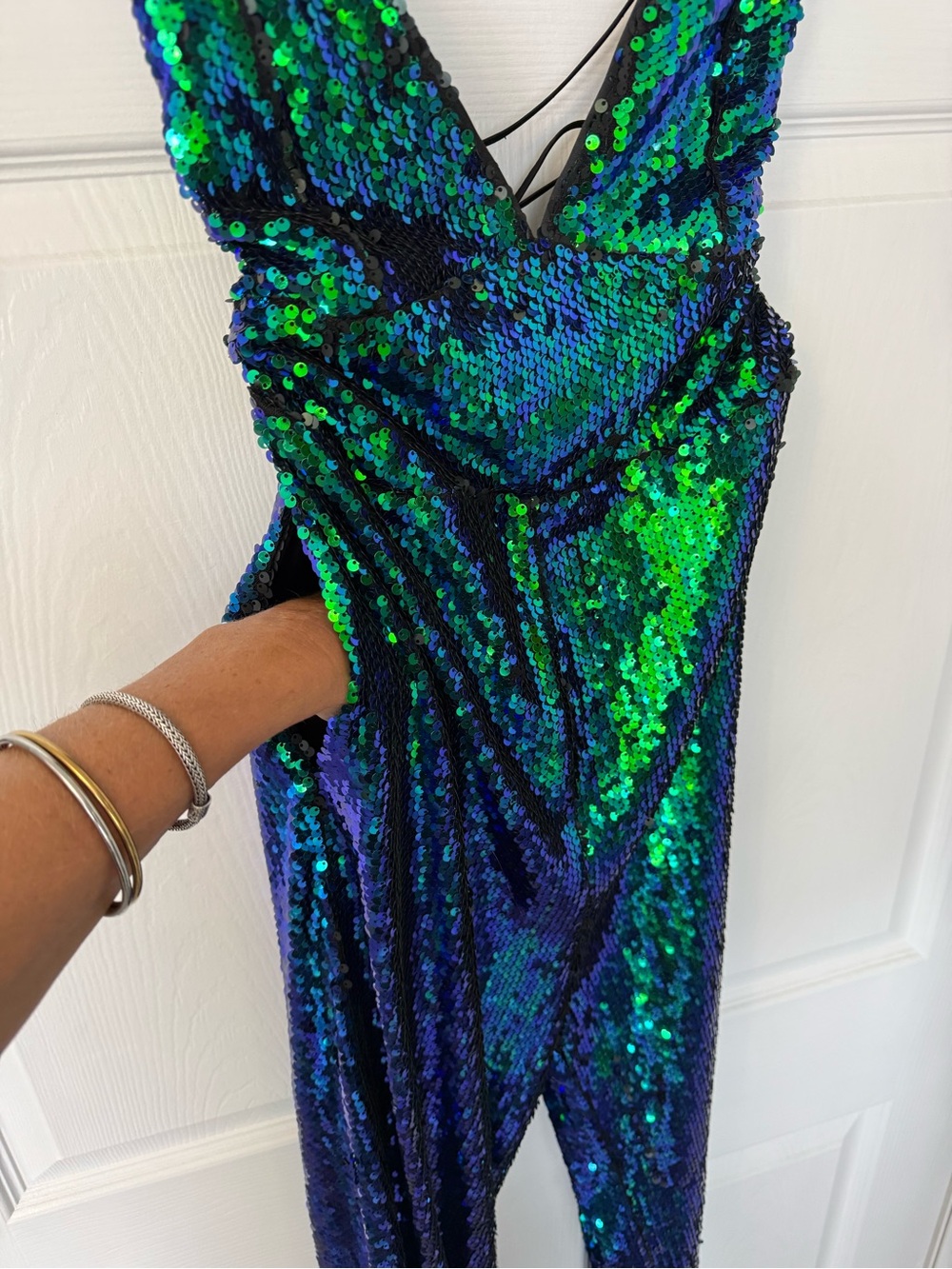 Lulu's Iridescent Sequin V-Neck Wide-Leg Jumpsuit in Green-Blue - Picture 6 of 7